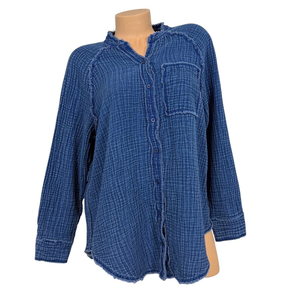 Aerie Women's Blue Cotton Double Gauze Frayed Button Down Shirt XS Relaxed Boho
